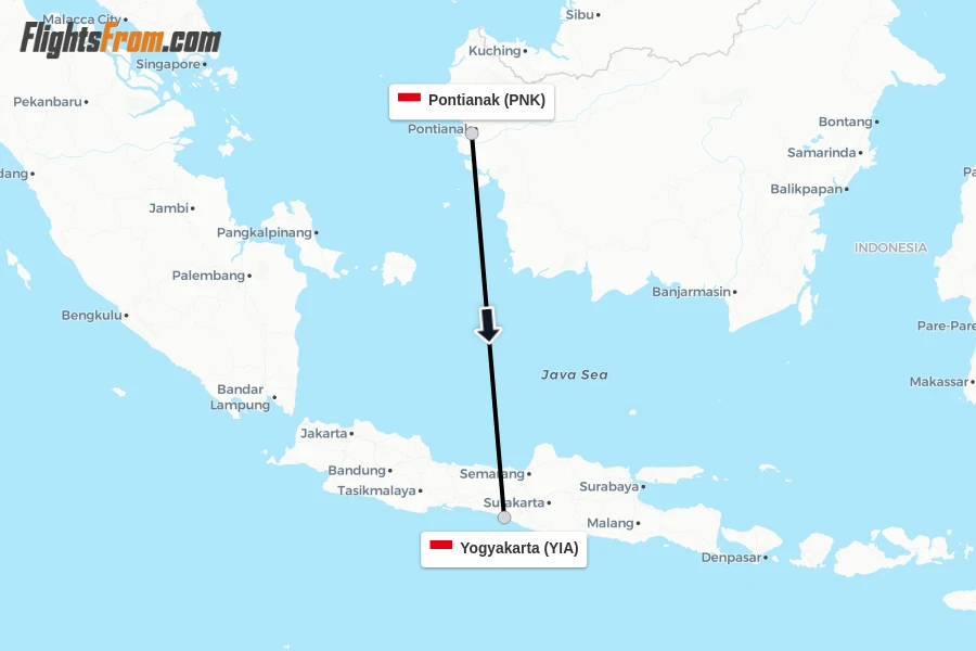 Flights from Pontianak to Yogyakarta route map