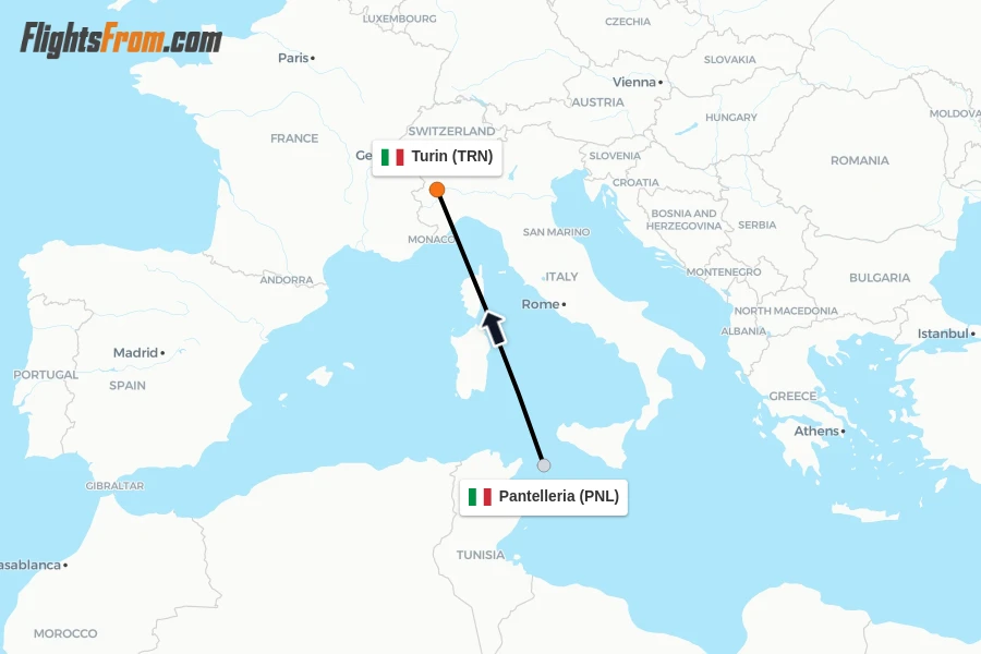 Flights from Pantelleria to Turin route map
