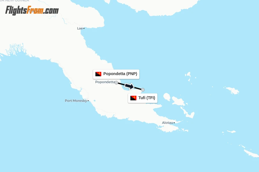 Flights from Popondetta to Tufi route map