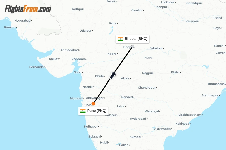 Flights from Pune to Bhopal route map
