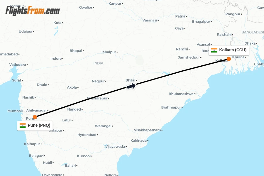 Flights from Pune to Kolkata route map