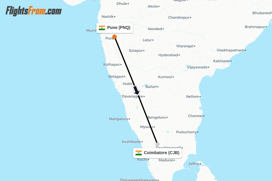 Flights from Pune to Coimbatore route map