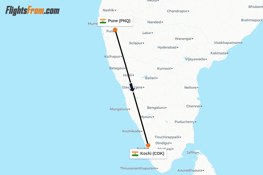 Flights from Pune to Kochi route map