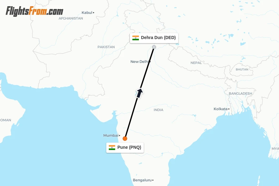 Flights from Pune to Dehra Dun route map