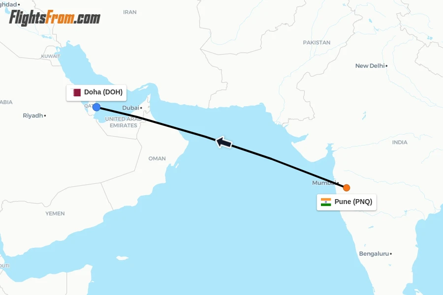 Flights from Pune to Doha route map
