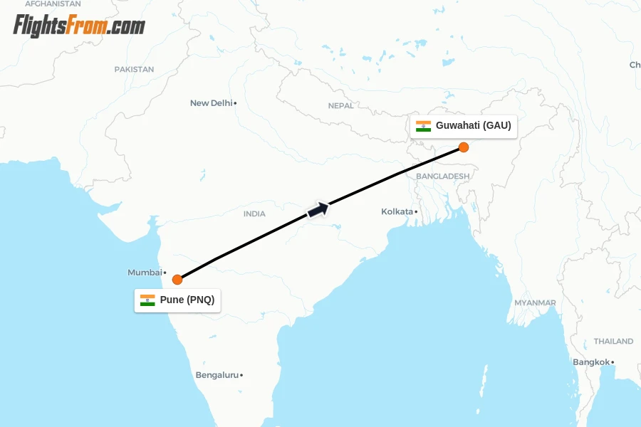 Flights from Pune to Guwahati route map
