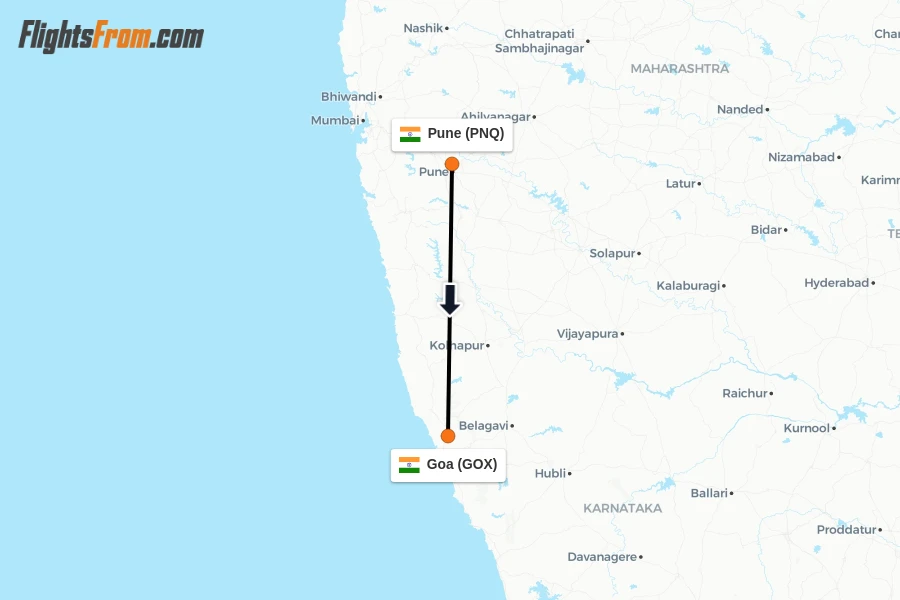 Flights from Pune to Goa route map