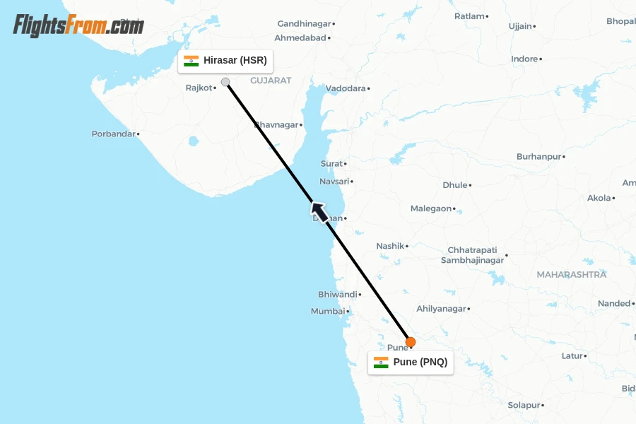 Flights from Pune to Hirasar route map