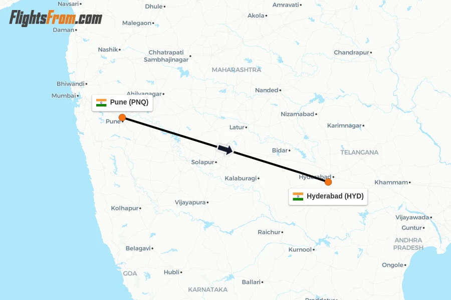 Flights from Pune to Hyderabad route map