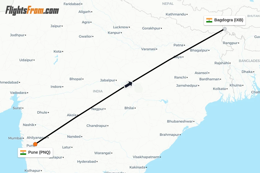 Flights from Pune to Bagdogra route map