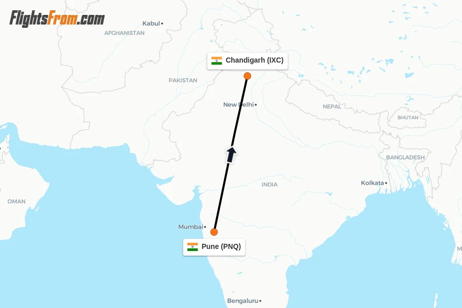 Flights from Pune to Chandigarh route map