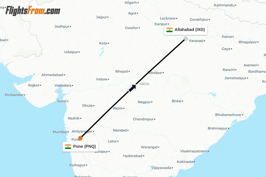Flights from Pune to Allahabad route map