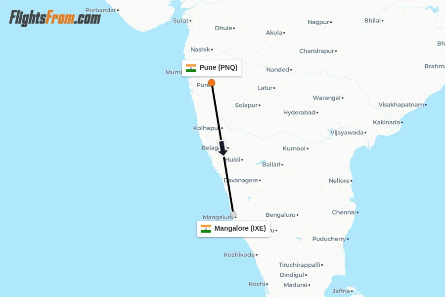 Flights from Pune to Mangalore route map