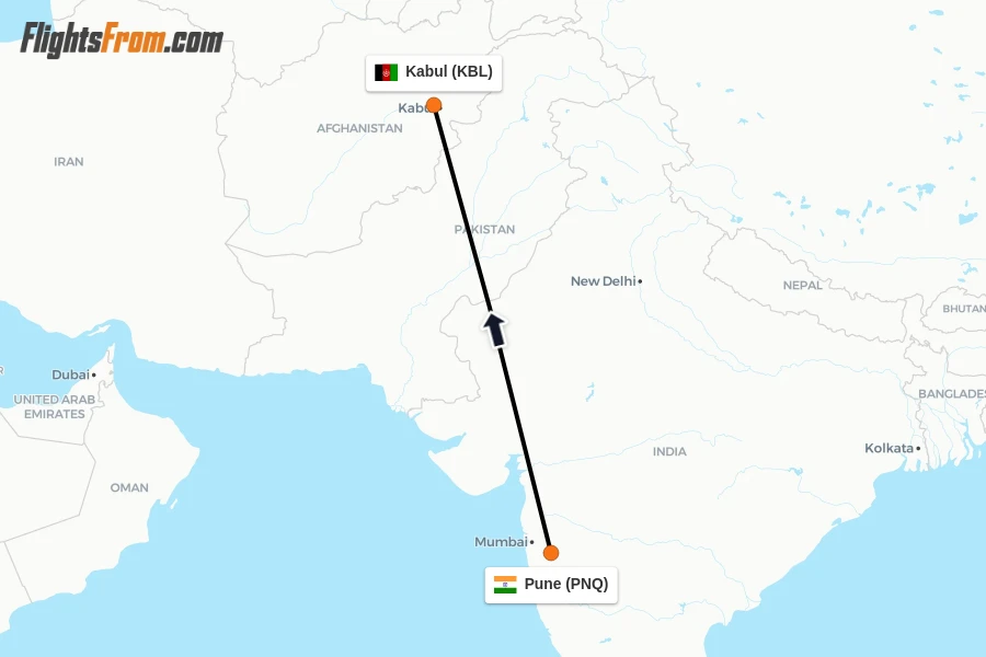 Flights from Pune to Kabul route map