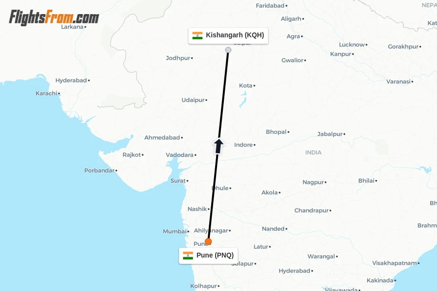 Flights from Pune to Kishangarh route map