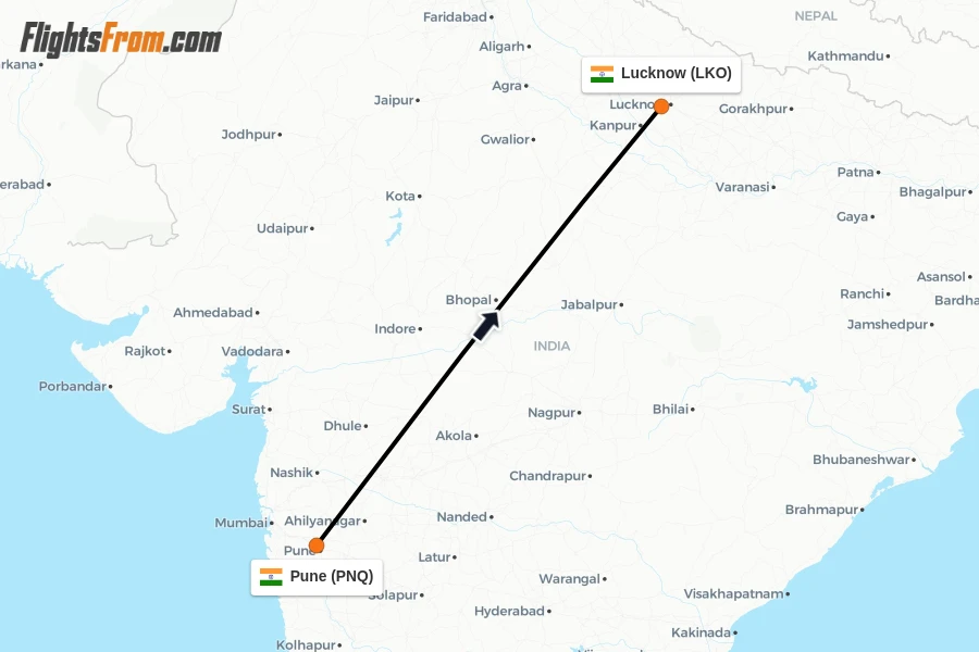 Flights from Pune to Lucknow route map