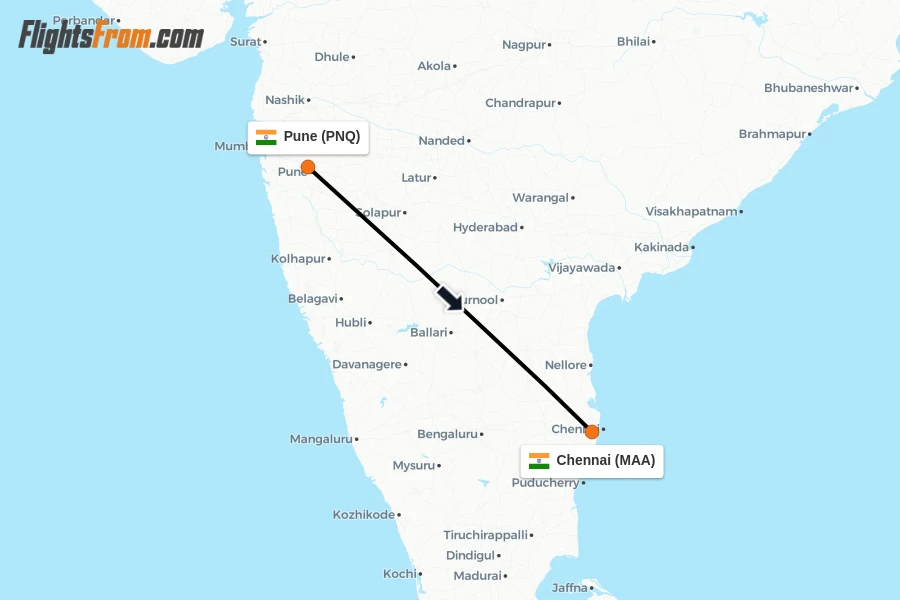 Flights from Pune to Chennai route map