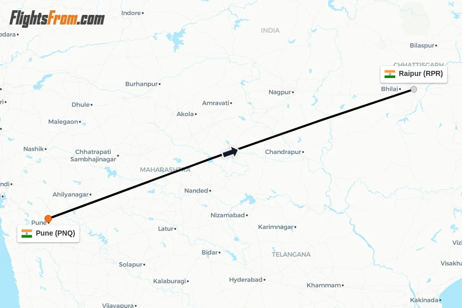 Flights from Pune to Raipur route map