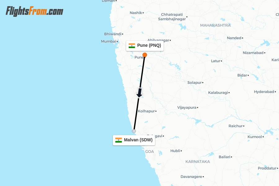 Flights from Pune to Malvan route map