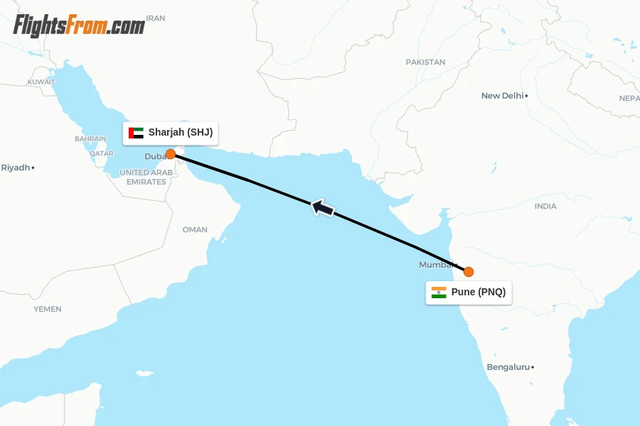 Flights from Pune to Sharjah route map