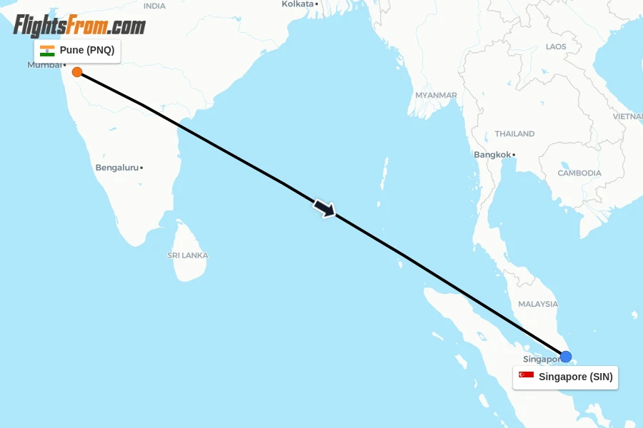 Flights from Pune to Singapore route map