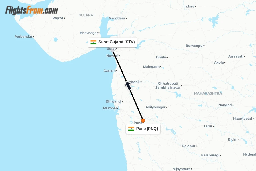 Flights from Pune to Surat Gujarat route map