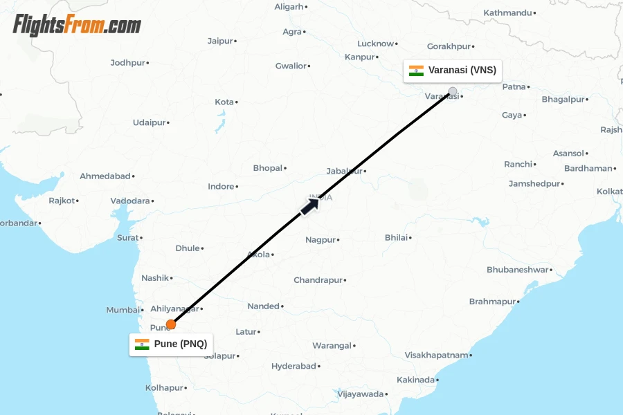 Flights from Pune to Varanasi route map