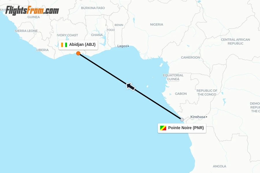 Flights from Pointe Noire to Abidjan route map
