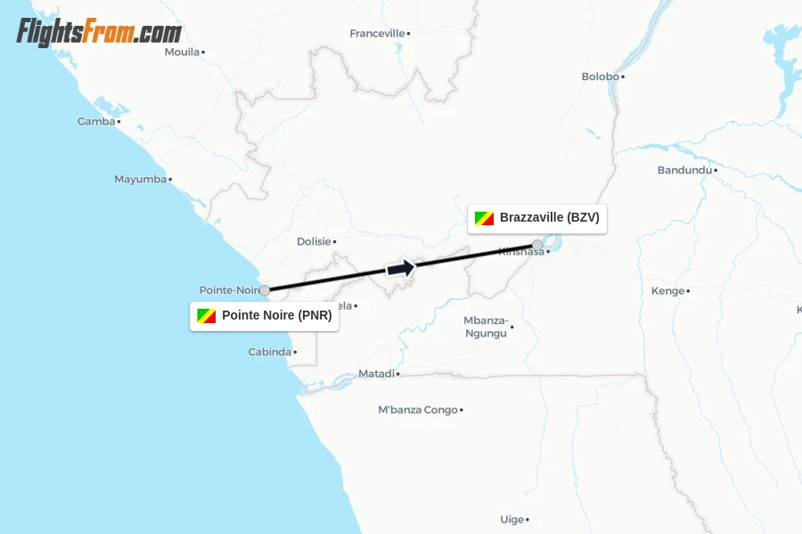 Flights from Pointe Noire to Brazzaville route map