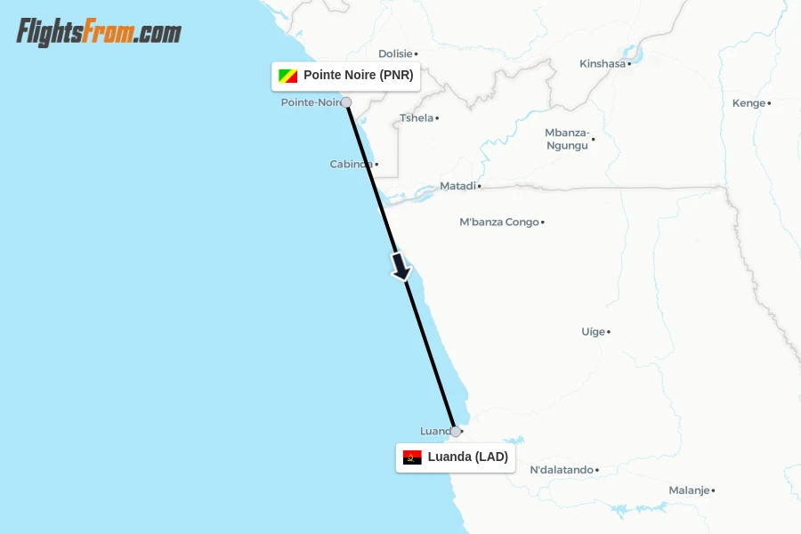 Flights from Pointe Noire to Luanda route map
