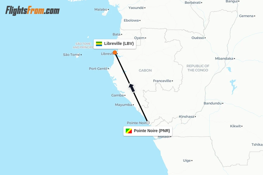 Flights from Pointe Noire to Libreville route map