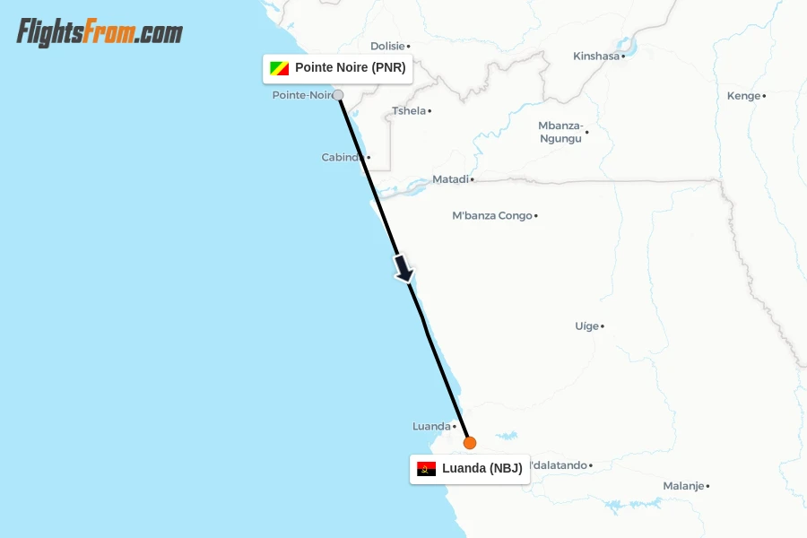Flights from Pointe Noire to Luanda route map