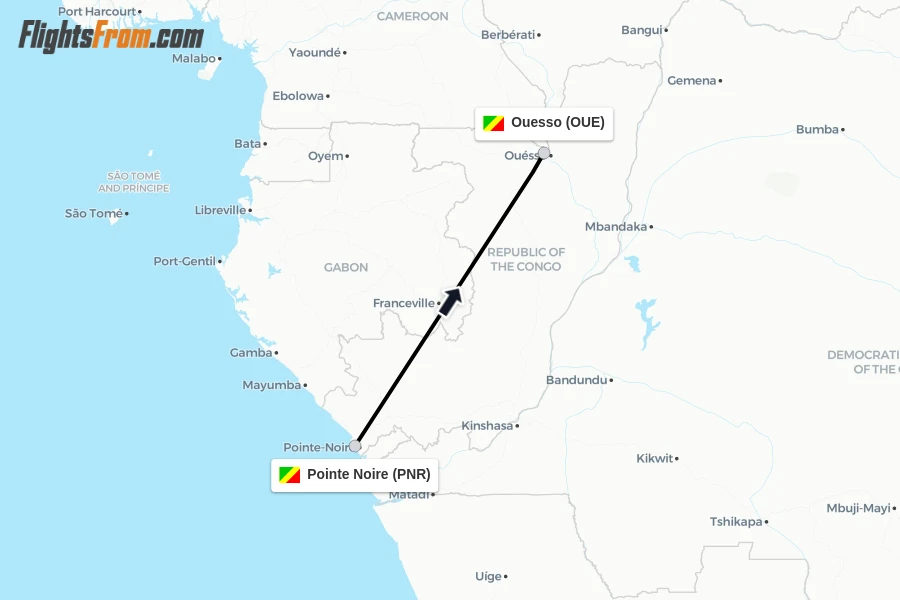 Flights from Pointe Noire to Ouesso route map