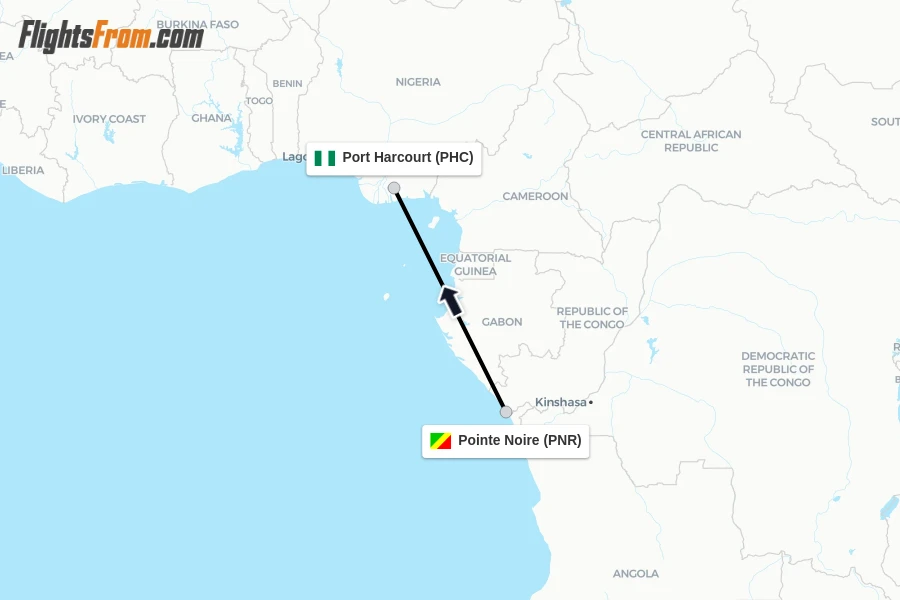 Flights from Pointe Noire to Port Harcourt route map