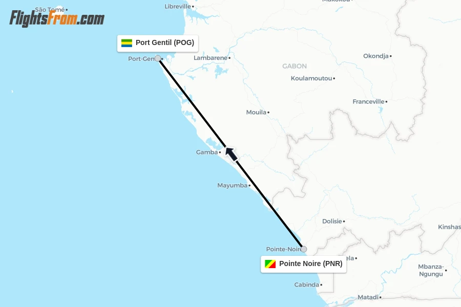 Flights from Pointe Noire to Port Gentil route map