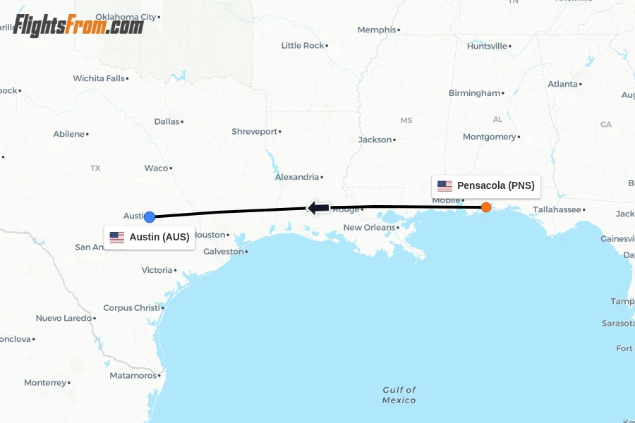 Flights from Pensacola to Austin route map
