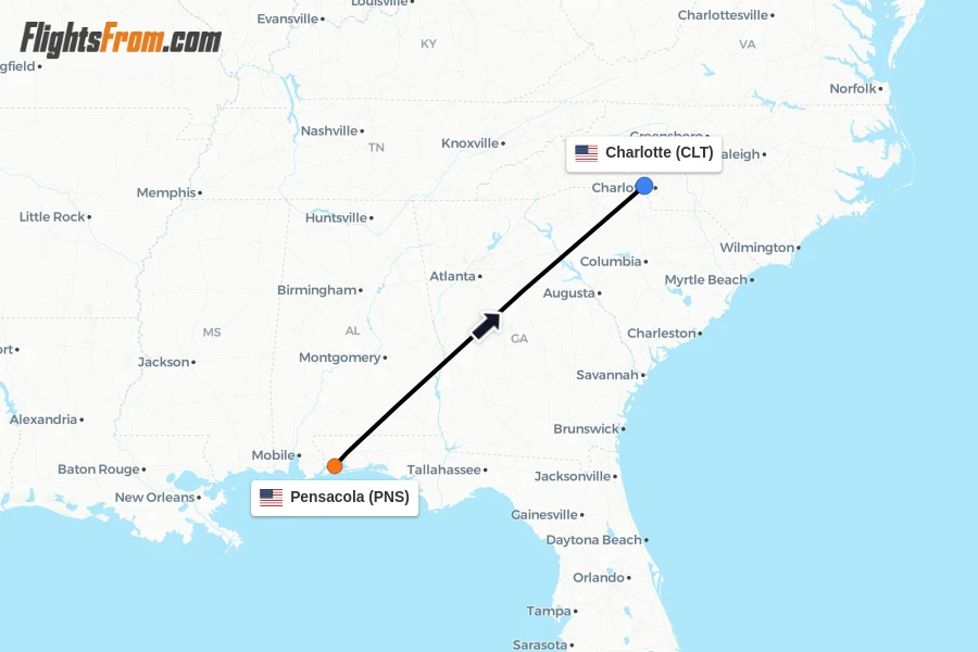 Flights from Pensacola to Charlotte route map