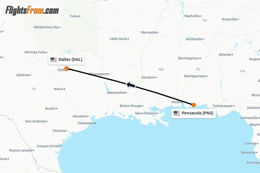 Flights from Pensacola to Dallas route map