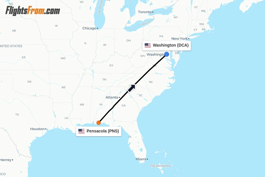 Flights from Pensacola to Washington route map