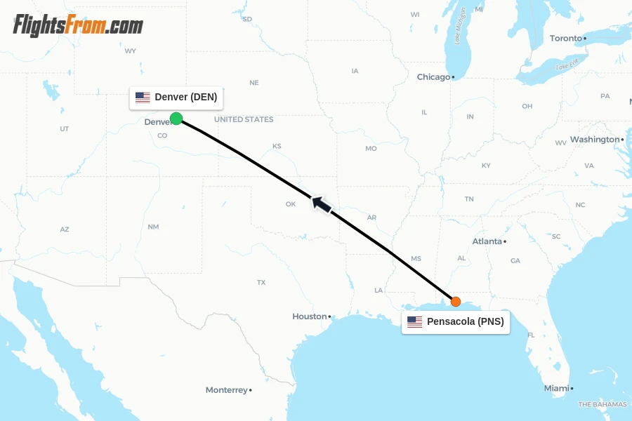 Flights from Pensacola to Denver route map