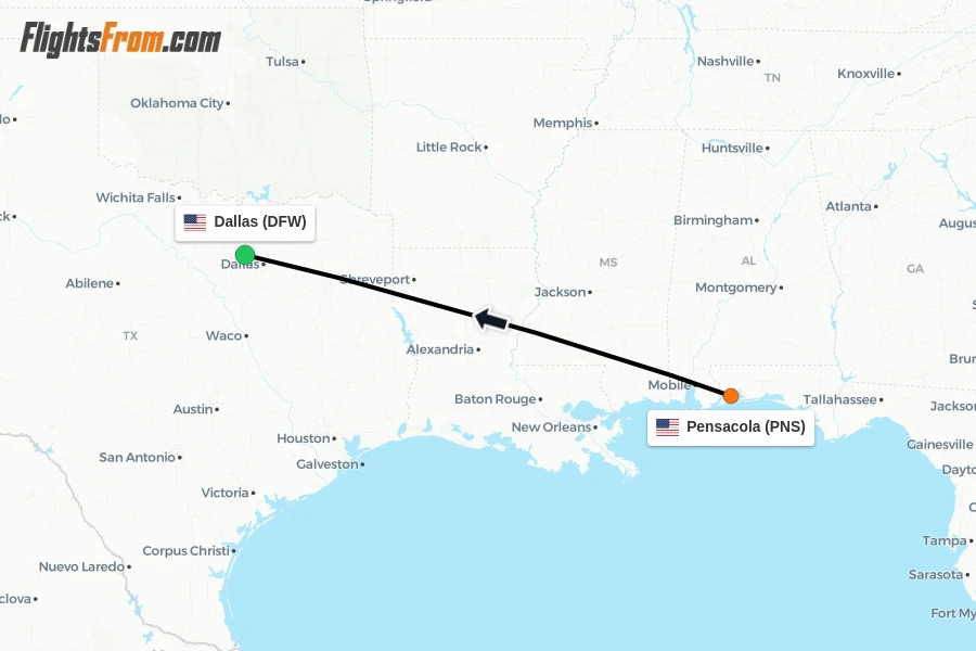 Flights from Pensacola to Dallas route map