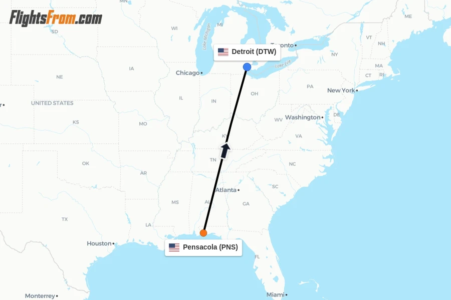 Flights from Pensacola to Detroit route map