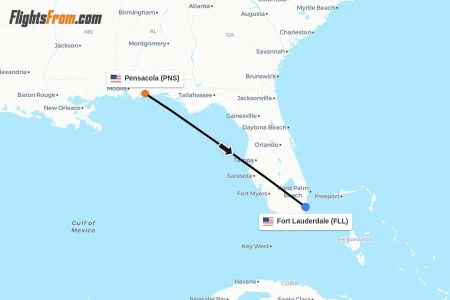 Flights from Pensacola to Fort Lauderdale route map