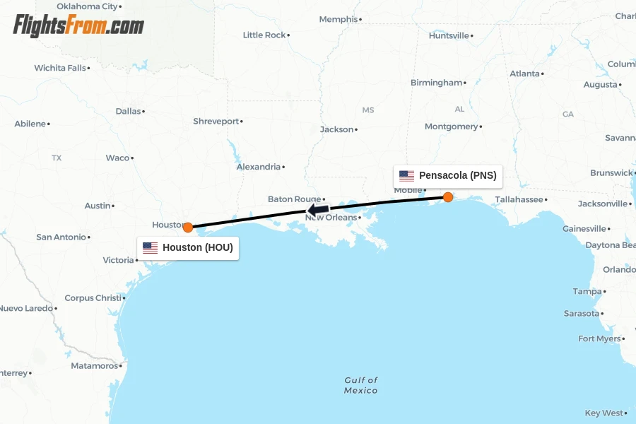 Flights from Pensacola to Houston route map