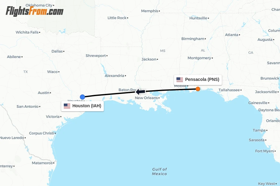 Flights from Pensacola to Houston route map