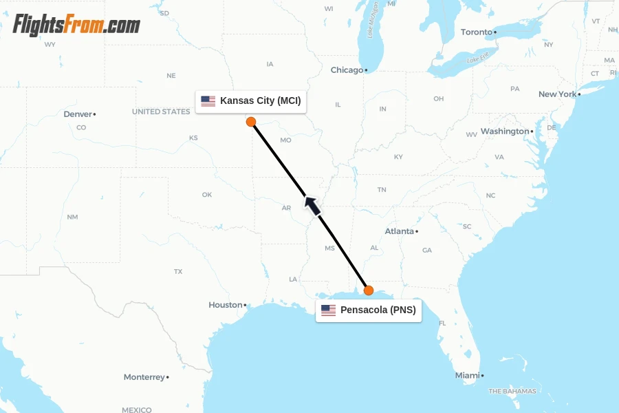 Flights from Pensacola to Kansas City route map