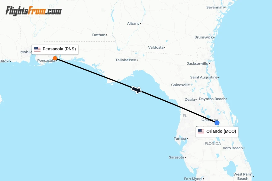 Flights from Pensacola to Orlando route map
