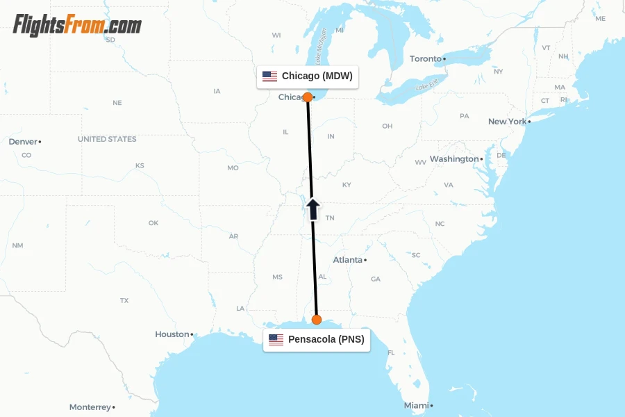 Flights from Pensacola to Chicago route map