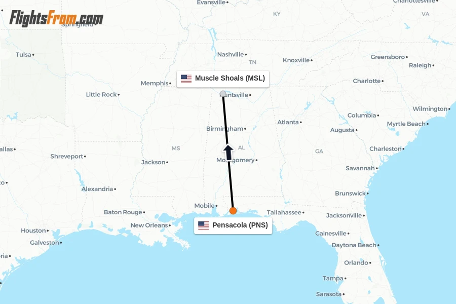 Flights from Pensacola to Muscle Shoals route map