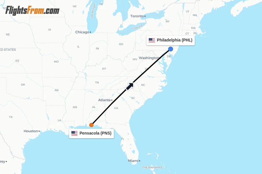 Flights from Pensacola to Philadelphia route map
